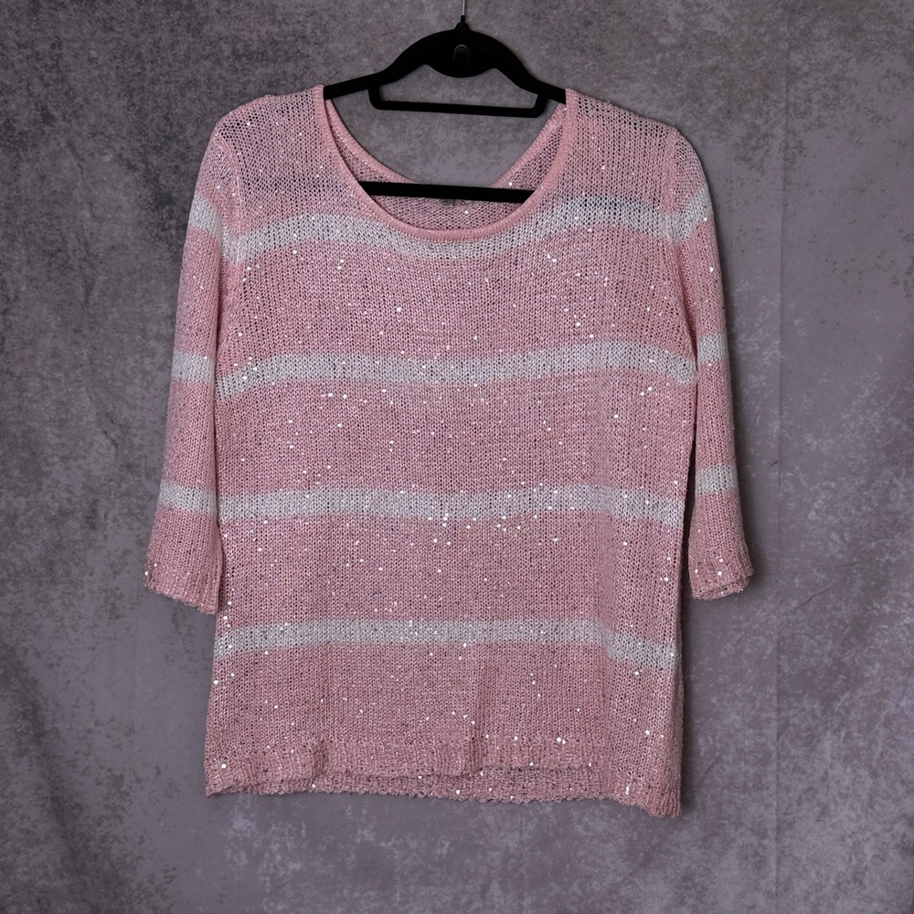 Avalin Women's Large Pink White Striped Sequin Knit Sweater 3/4 Sleeve